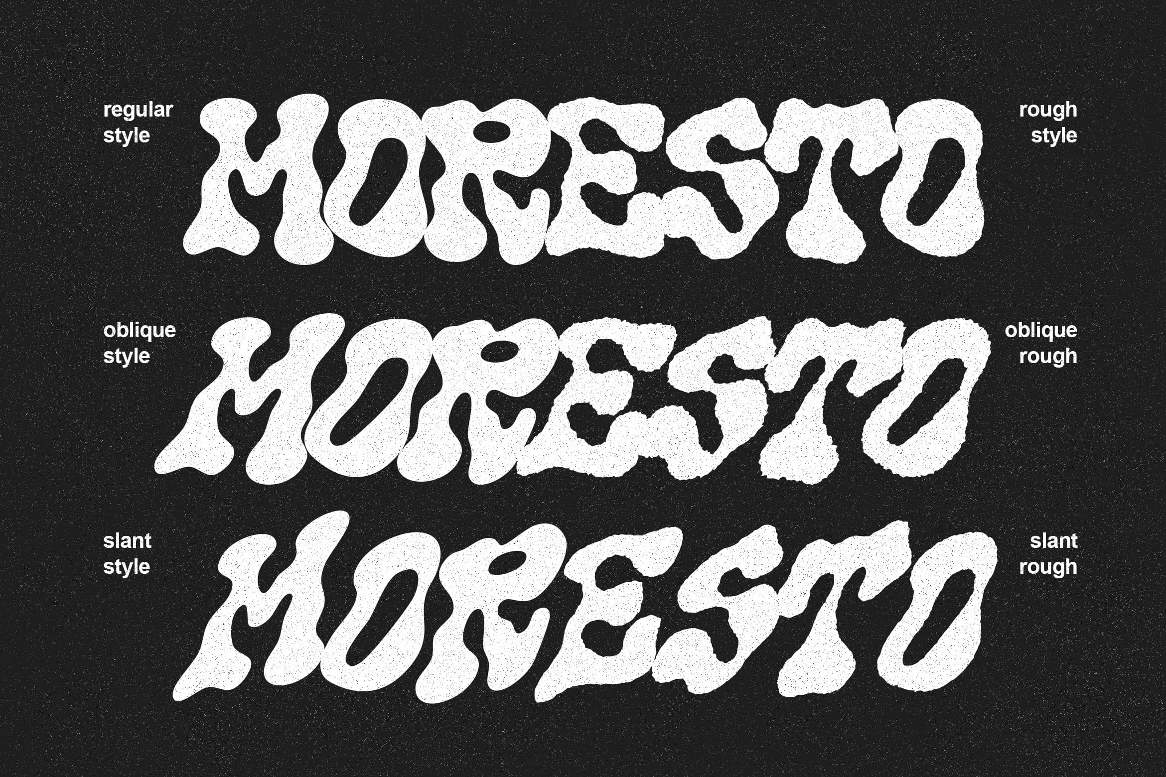 Organic wavy font in six variations showing regular, rough, oblique, slant styles