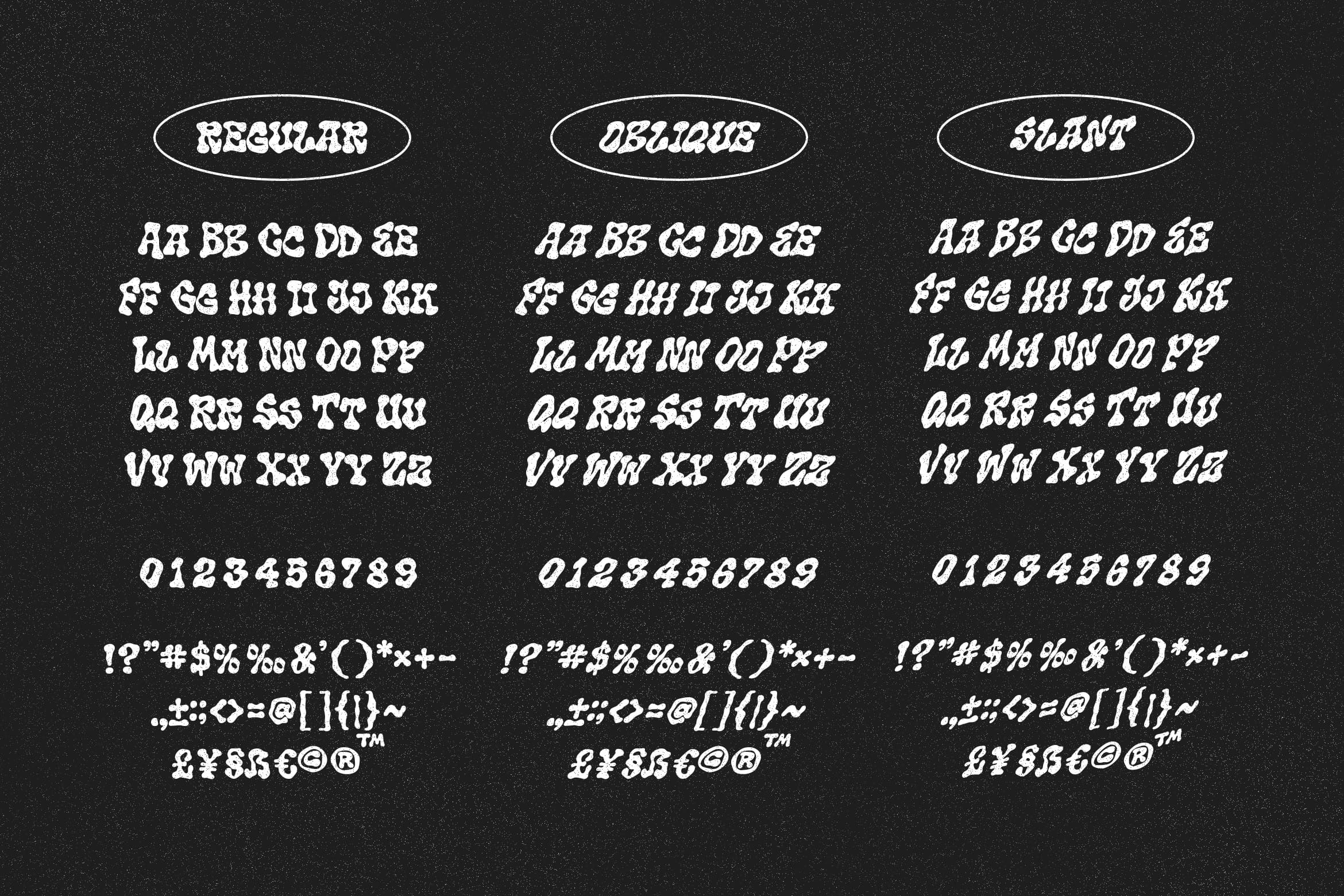 Retro serif font with regular, oblique, plus slant weights on dark speckled background