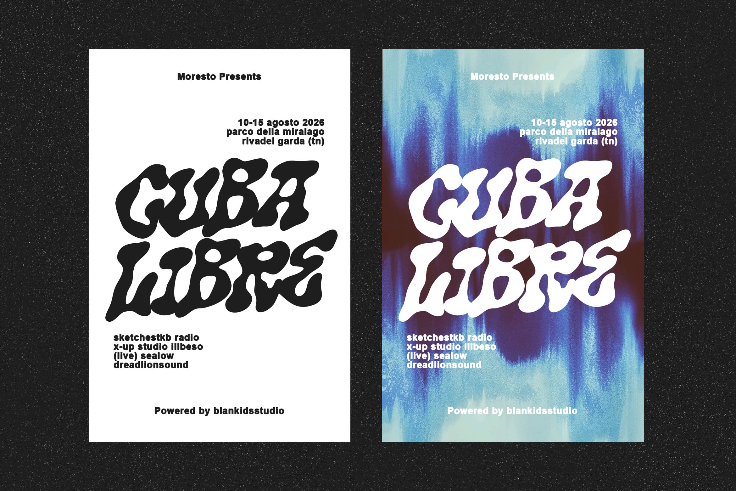 Bold italic typeface poster for music festival with minimal layout, clean version plus vibrant blue gradient variant