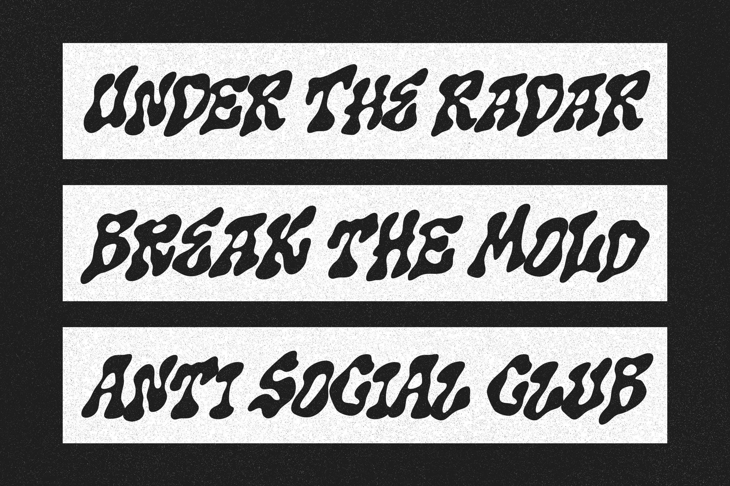 Bold italic font with three text samples on white bars against dark speckled background