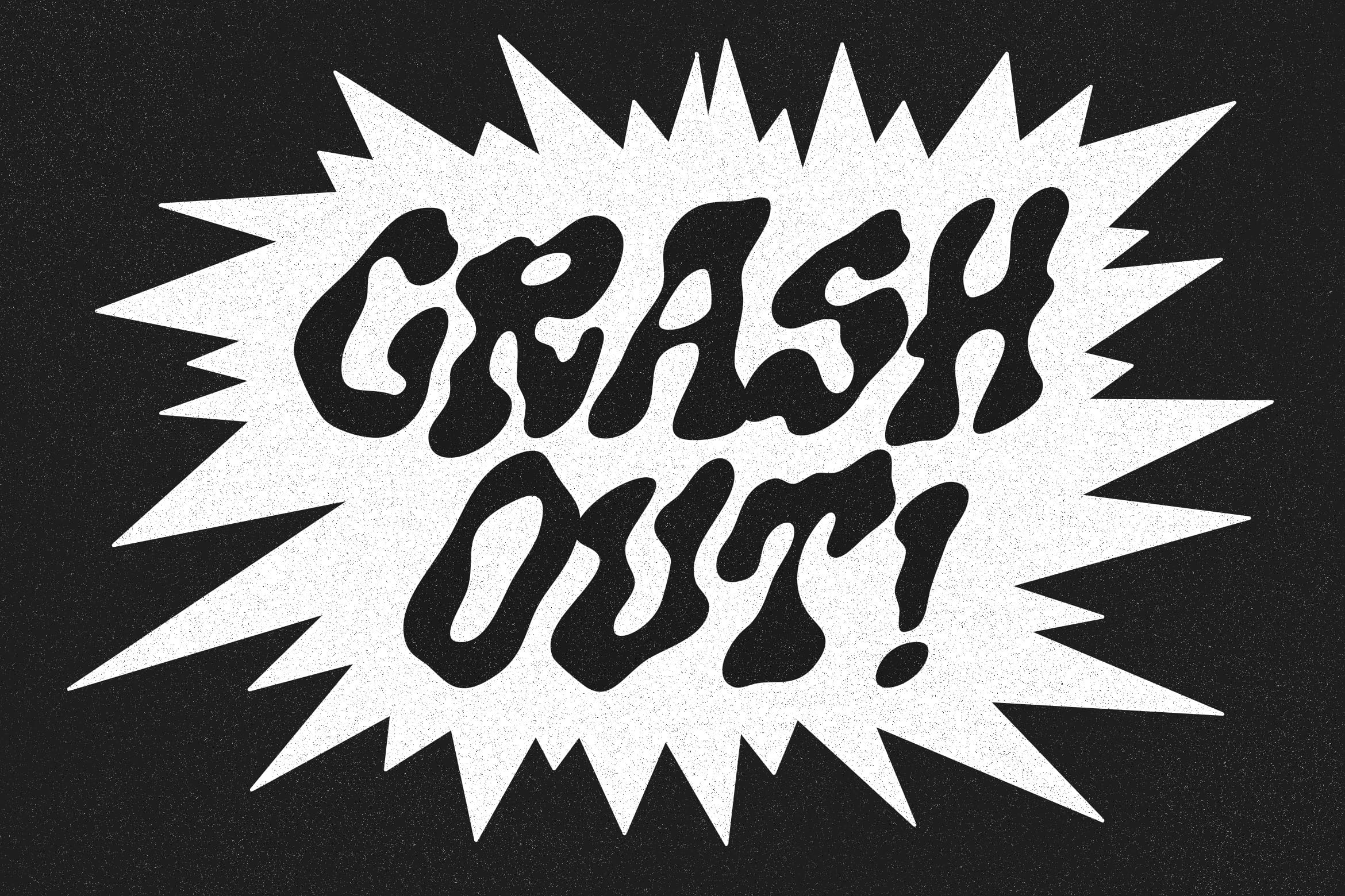 Retro comic book burst badge with wavy serif lettering saying "CRASH OOSH" on black