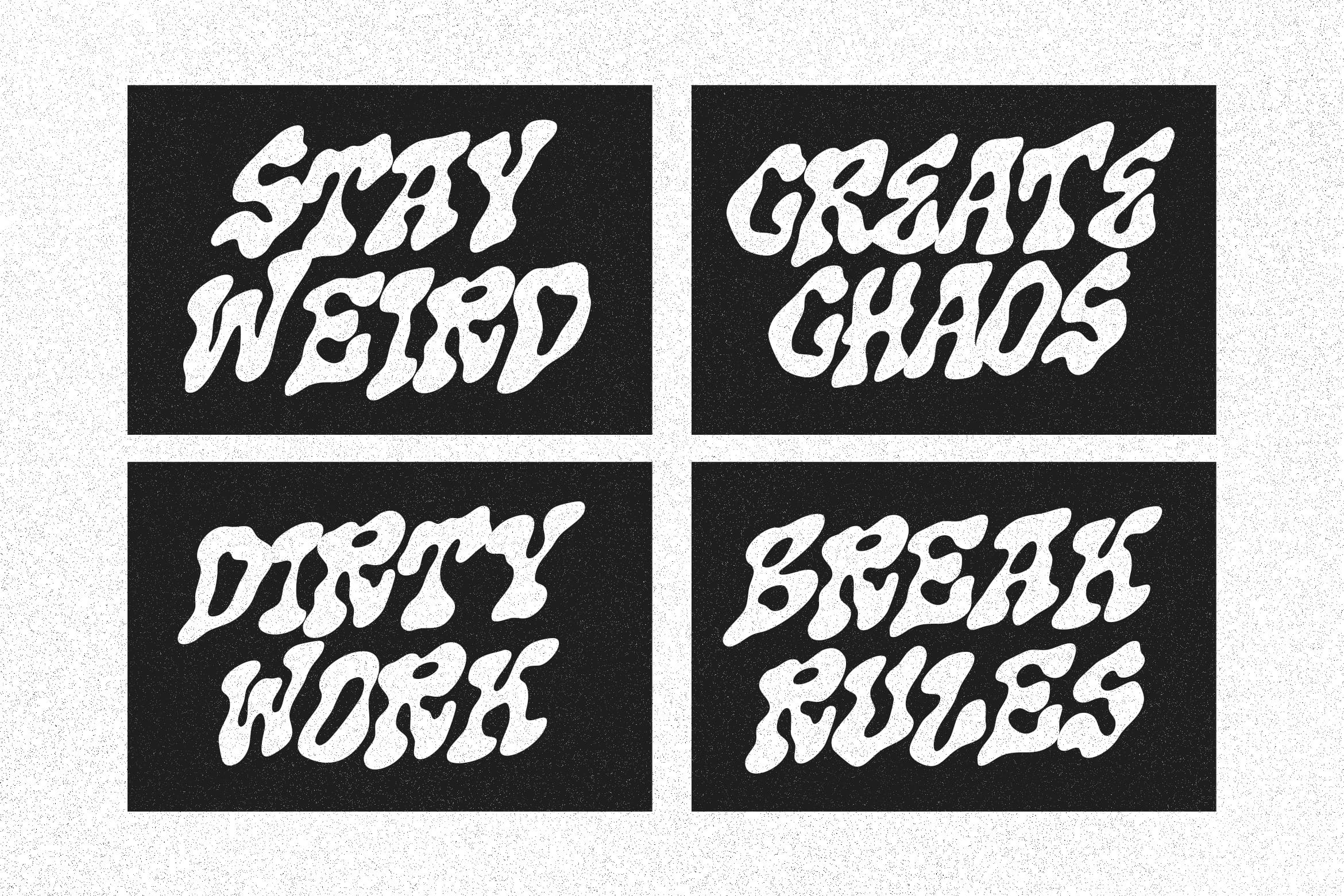 Wavy italic lettering in white on black backgrounds showing four different text phrases