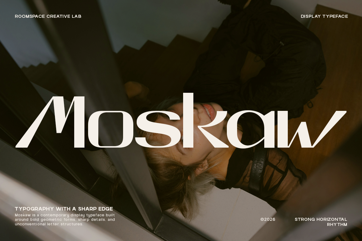 Moskaw display typeface specimen with bold geometric letterforms layered over moody overhead photography
