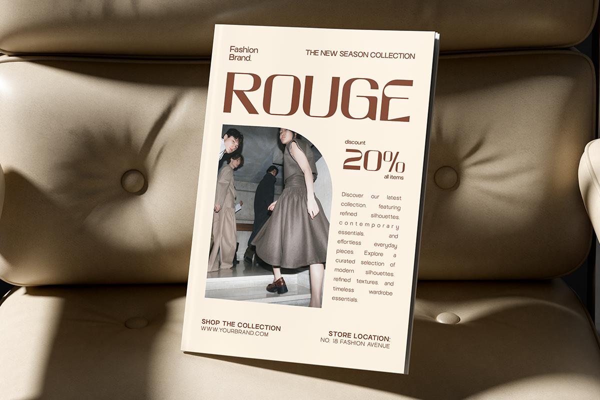 Fashion brand new season collection flyer with models in neutral tones, 20% discount offer
