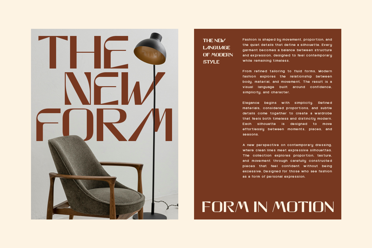 Modern fashion lookbook spread with bold typography, mid-century chair, floor lamp, plus editorial copy on contemporary design