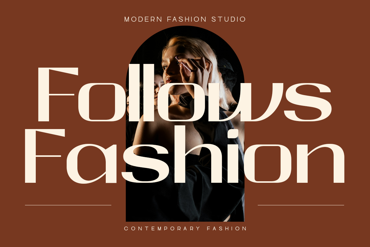 Cream text overlay reading "Follows Fashion" on warm brown background with circular portrait photo of woman in black jacket