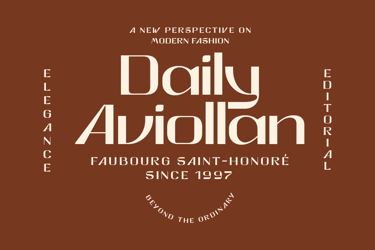 Luxury fashion poster with cream serif typography on rich brown background, Daily Aviollan branding layout