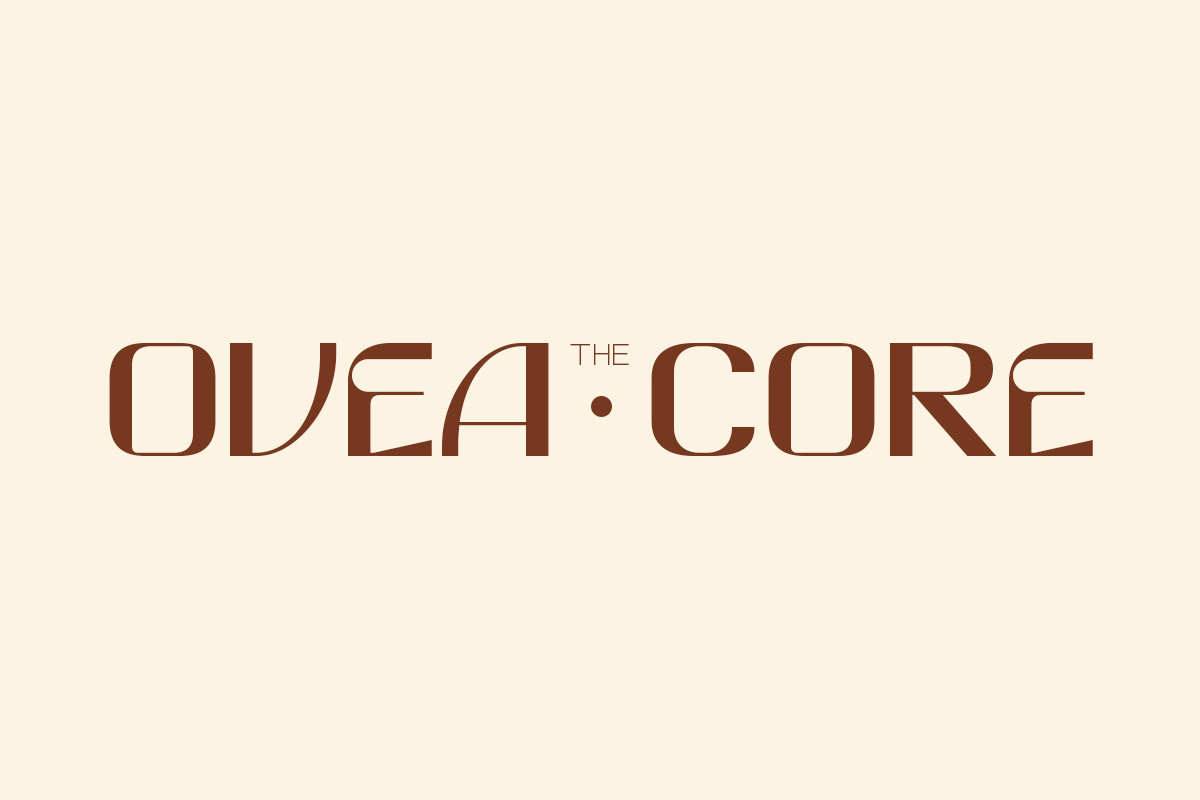 Ovea Core typeface in warm brown on cream background with geometric letterforms