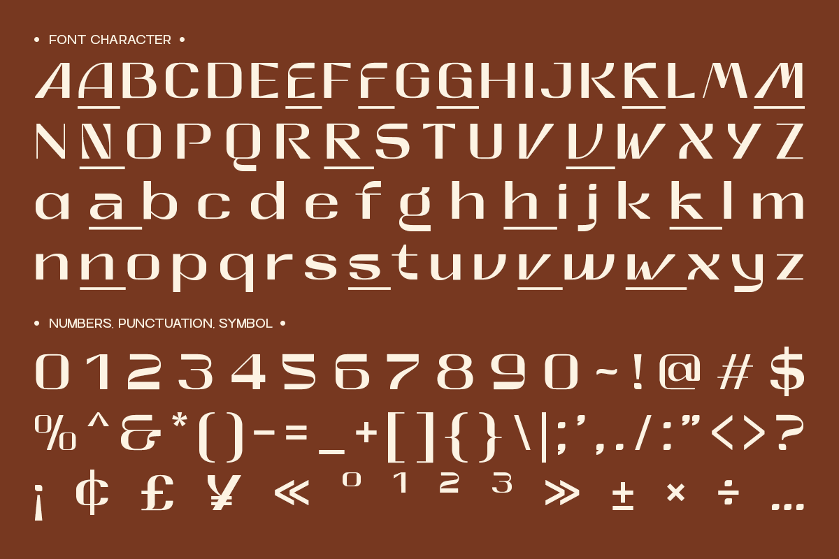 Serif font with underline details showing full uppercase, lowercase, numbers plus symbols on warm brown background