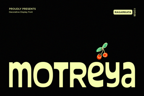 Ragamkata decorative display font in cream yellow with cherry illustration on black background
