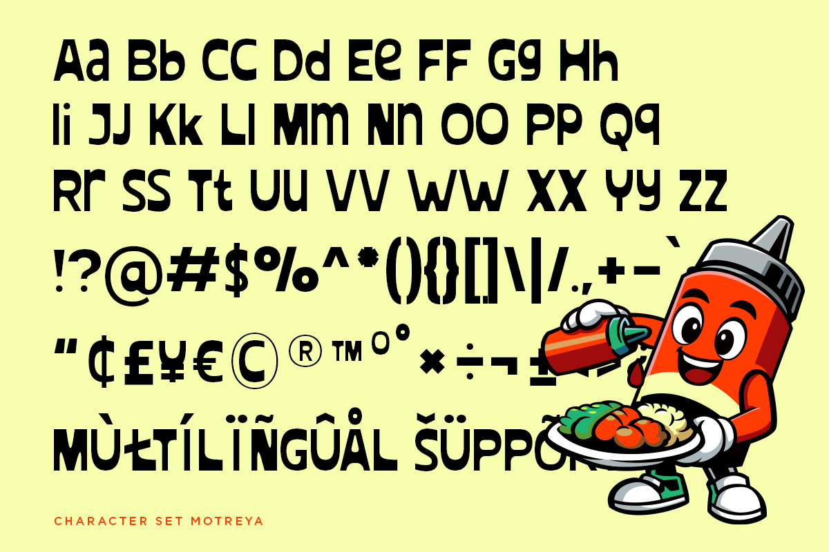 Bold sans serif font with full character set, multilingual support, currency symbols, punctuation on bright yellow background