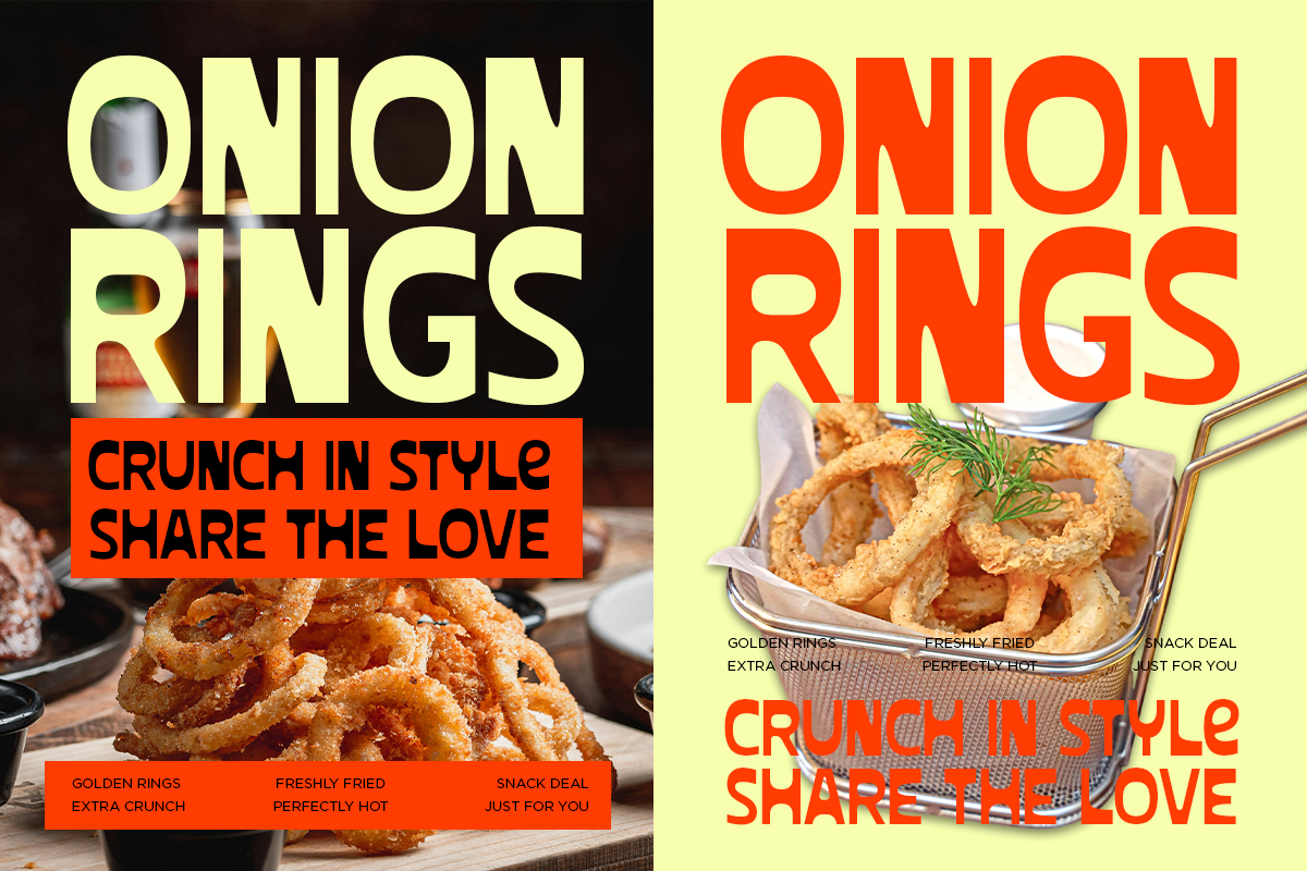 Food poster mockup with bold yellow type, crispy onion rings, red tagline bars, dark moody left side, bright yellow right side