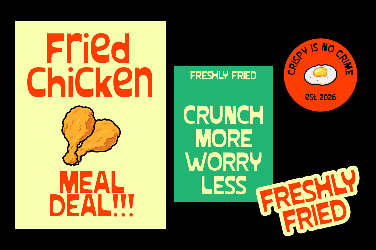 Fried chicken restaurant branding mockups with bold retro typography, menu poster, badge logo, sticker in bright colors