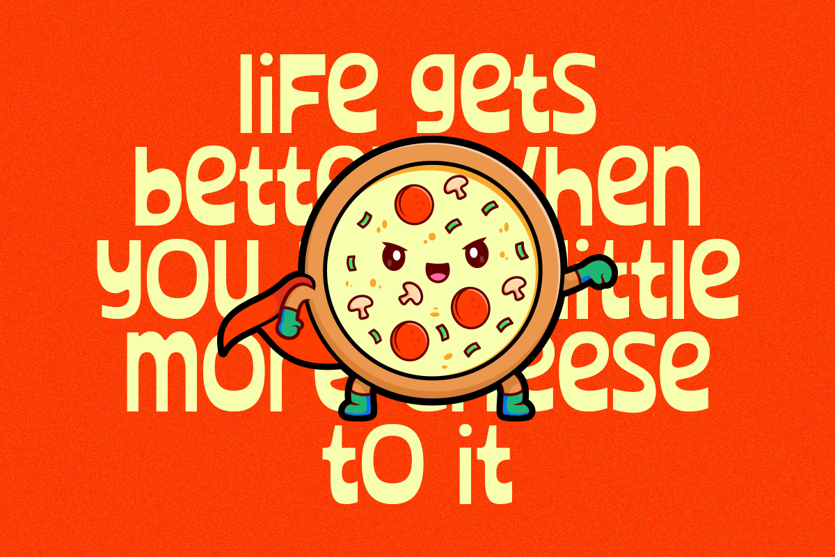 Cute pizza character with superhero cape on bright red background with yellow text overlay