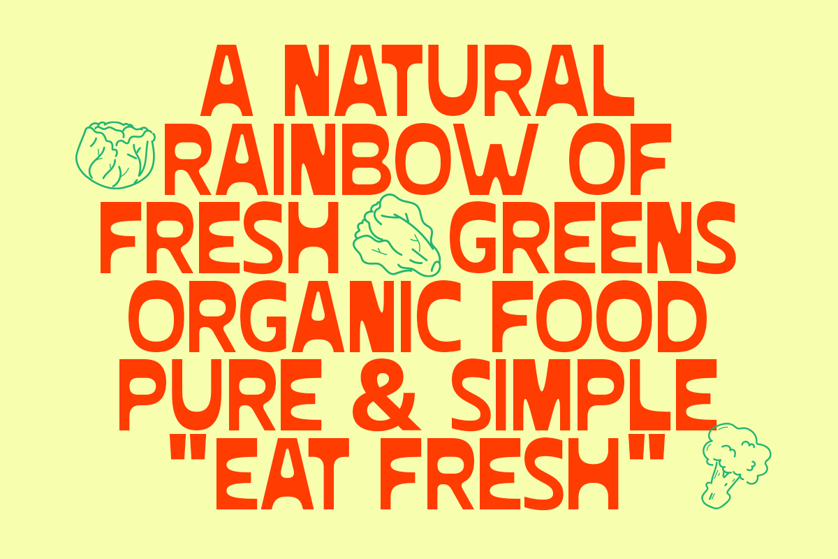 Bright yellow background with bold red typography about organic greens with teal lettuce illustrations scattered throughout