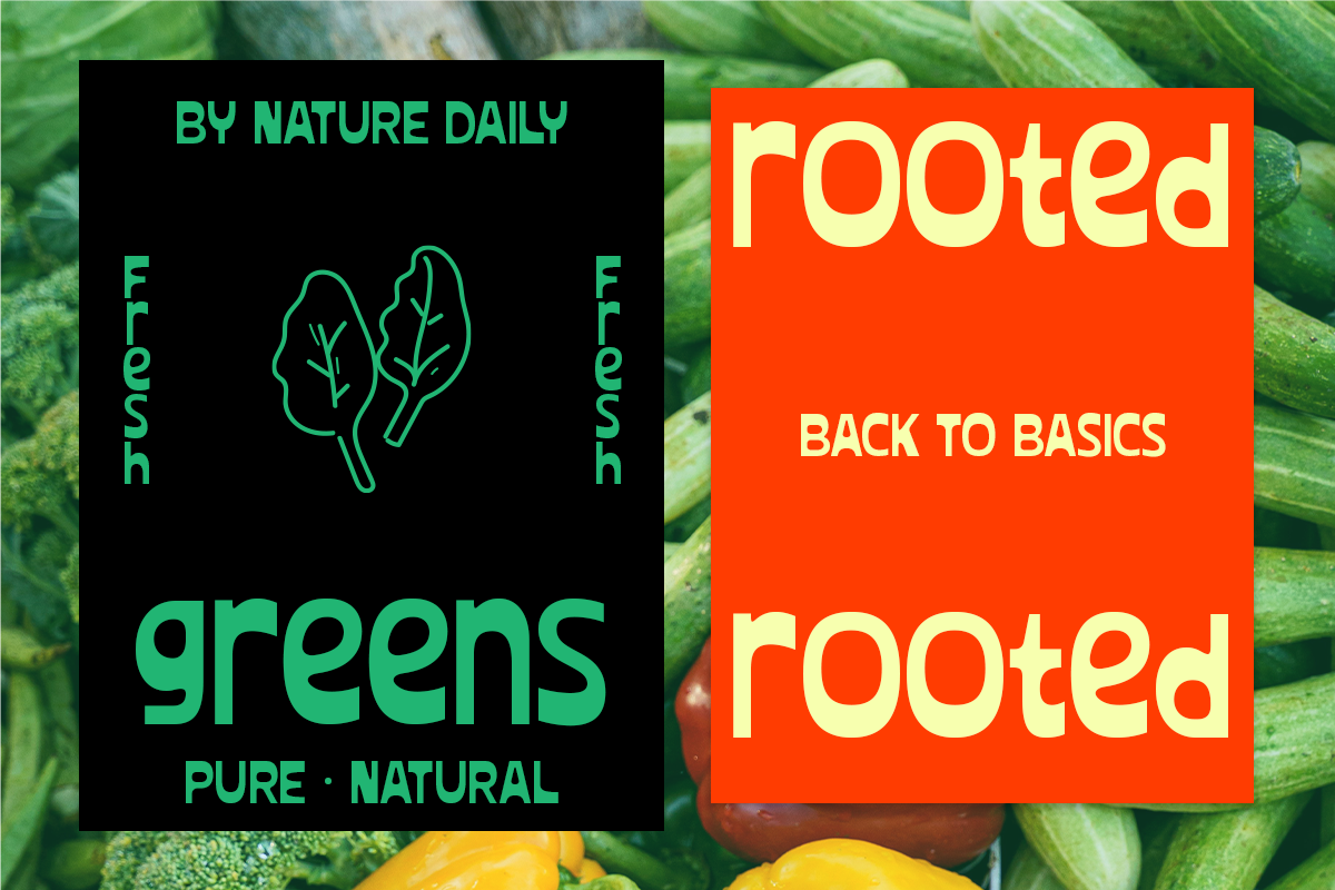 Two organic brand labels mockup against fresh produce background