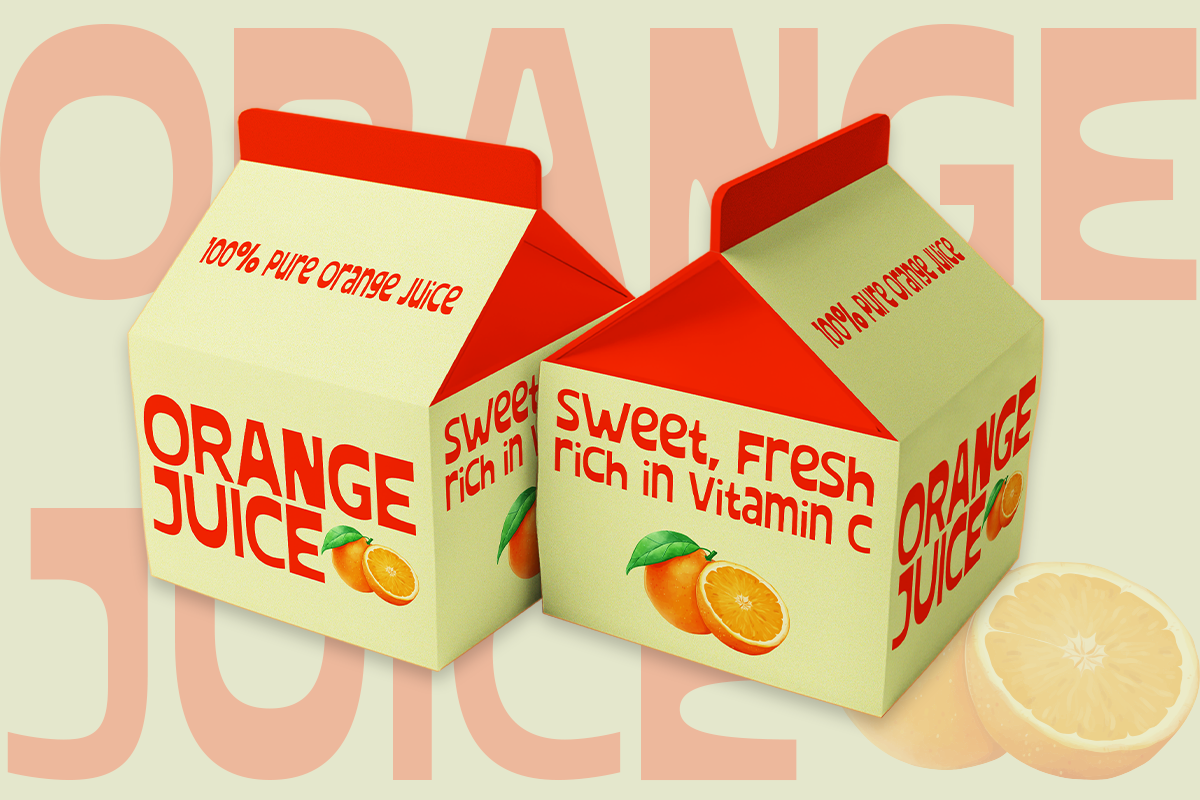 Beverage carton mockup with two juice box designs in cream with red text, fresh orange slices