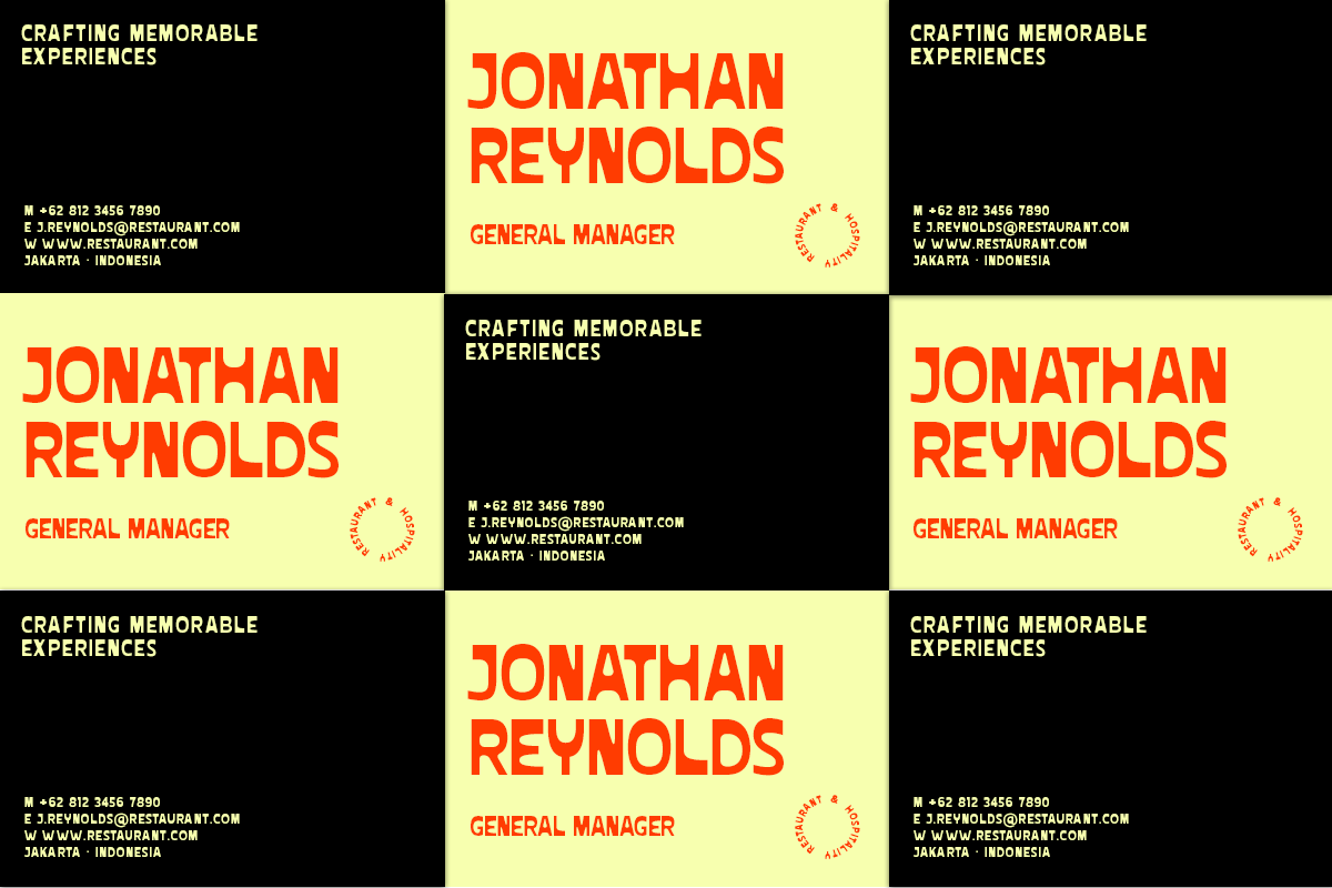Business card mockup with bold red typography on lime yellow, black, showing multiple angles of restaurant manager contact layout