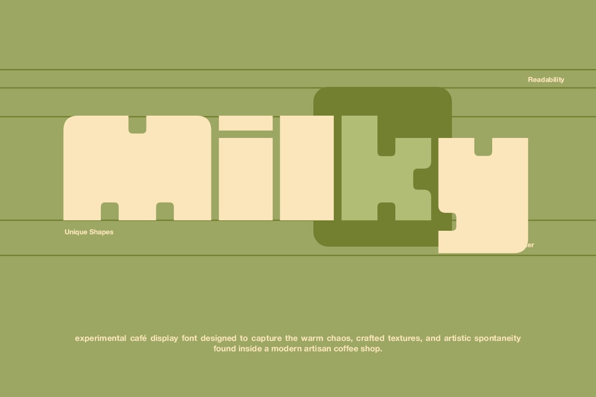 Experimental café display font with chunky organic shapes in cream on sage green