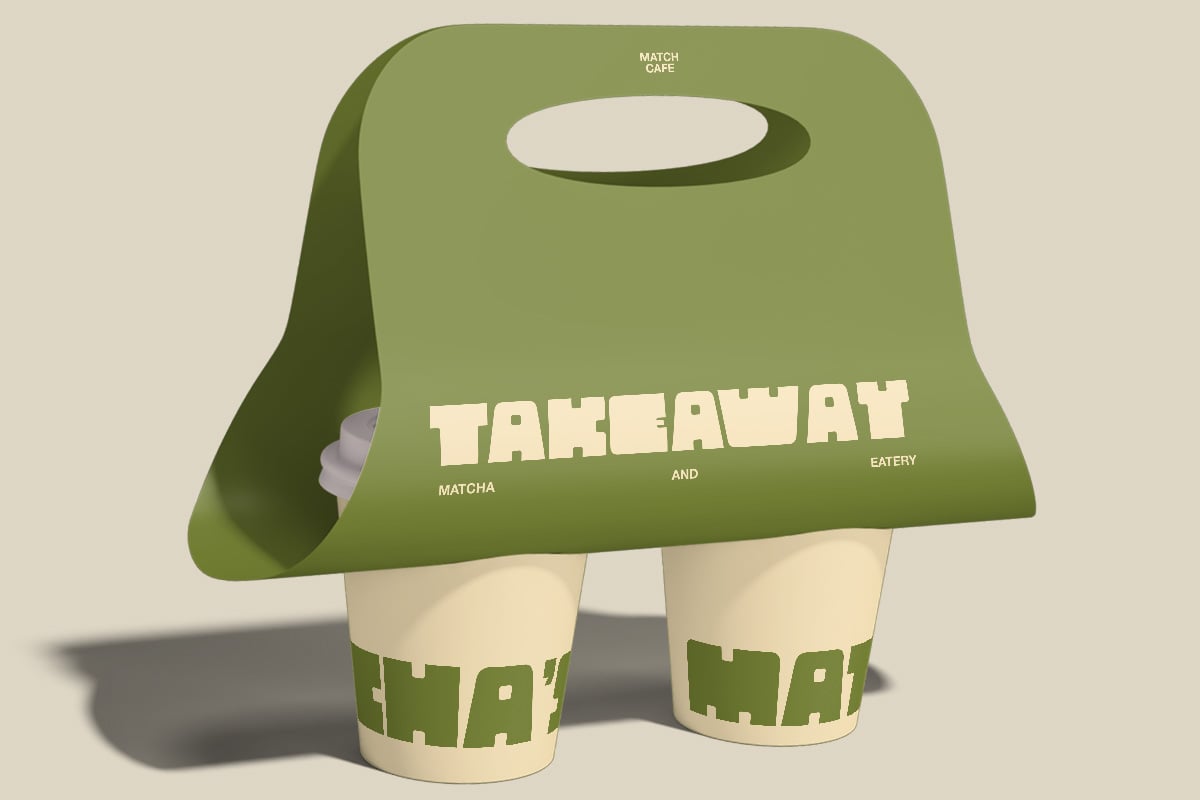 Matcha cafe takeaway bag mockup with two cups, green branding, beige background