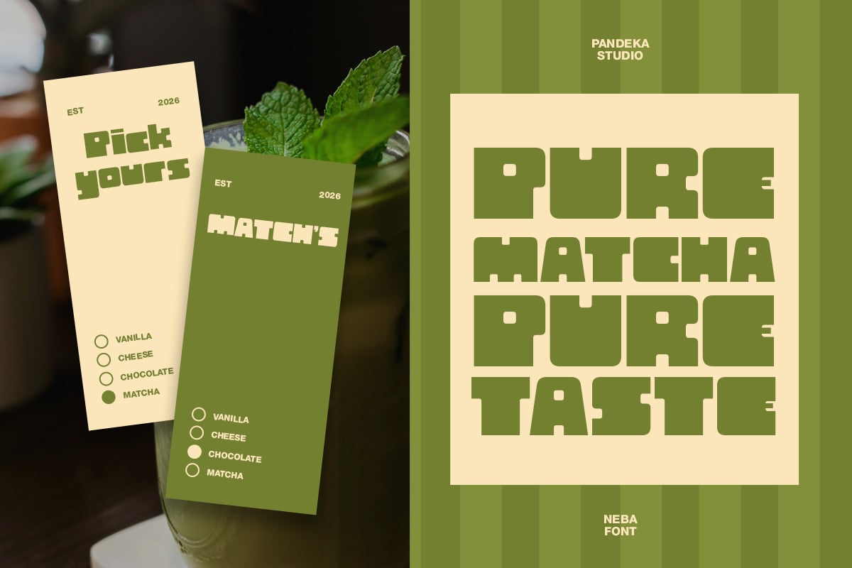 Retro matcha branding mockup with cream labels showing flavor options, mint leaf styling, bold green typography on striped background
