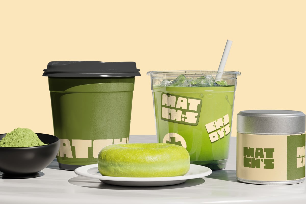 Matcha brand mockup set with coffee cup, drink cup, donut, powder bowl, jar on cream background