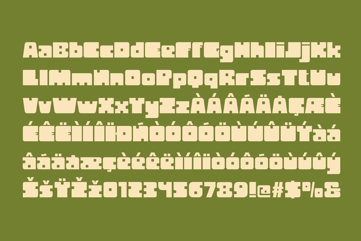 Chunky retro blocky font with full character set on olive green background