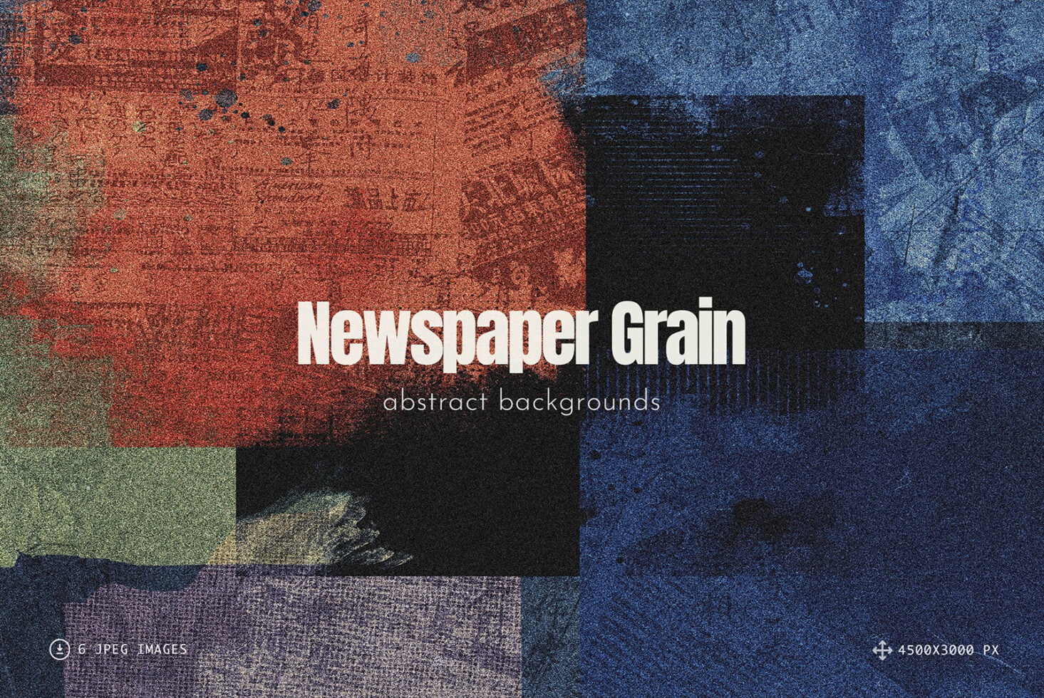 Gritty newspaper texture backgrounds in rust, navy, olive with heavy grain distress overlay