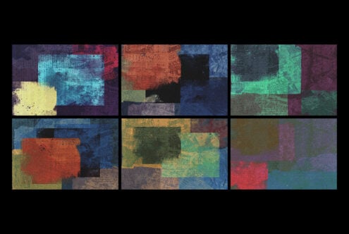 Six grungy textured color palette variations with layered geometric blocks in vibrant hues