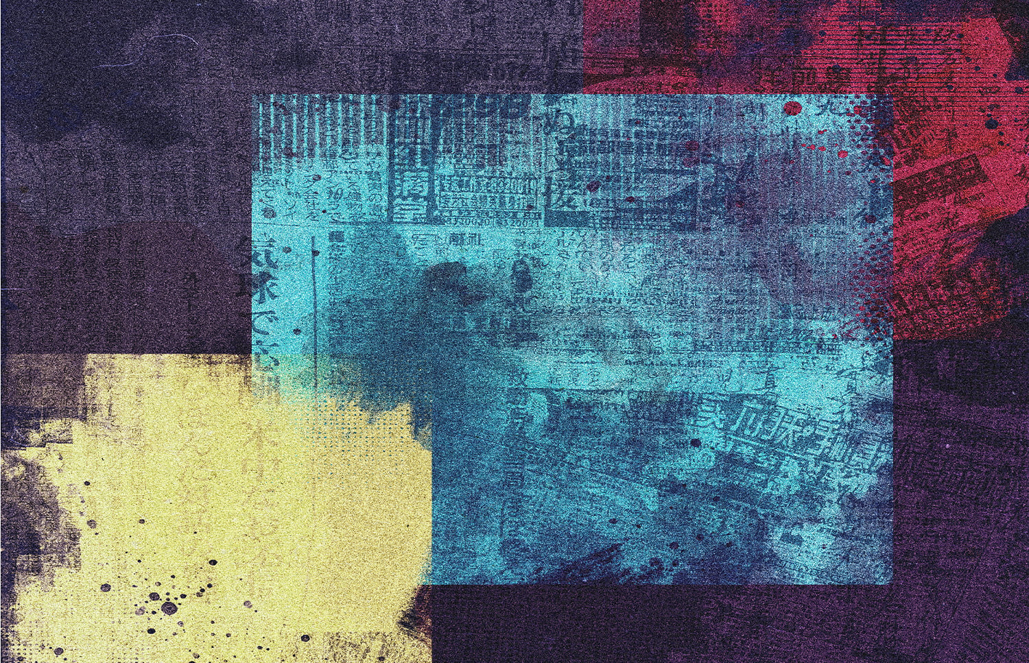 Grungy color block texture with turquoise, red, yellow overlapping layers