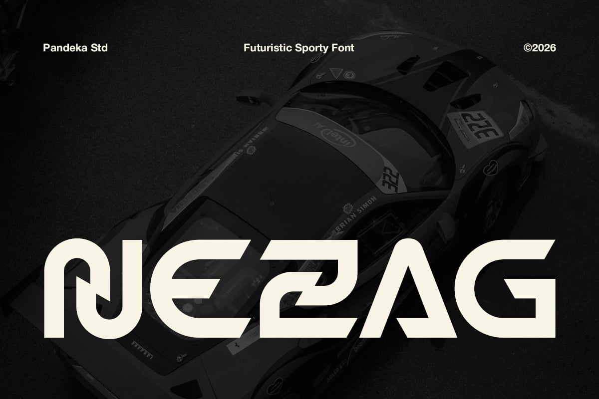 Pandeka Std font displayed over dark racing car background with bold letters