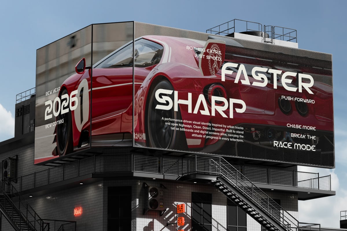 Large billboard mockup featuring red sports car with bold white typography displaying racing slogans against dark background