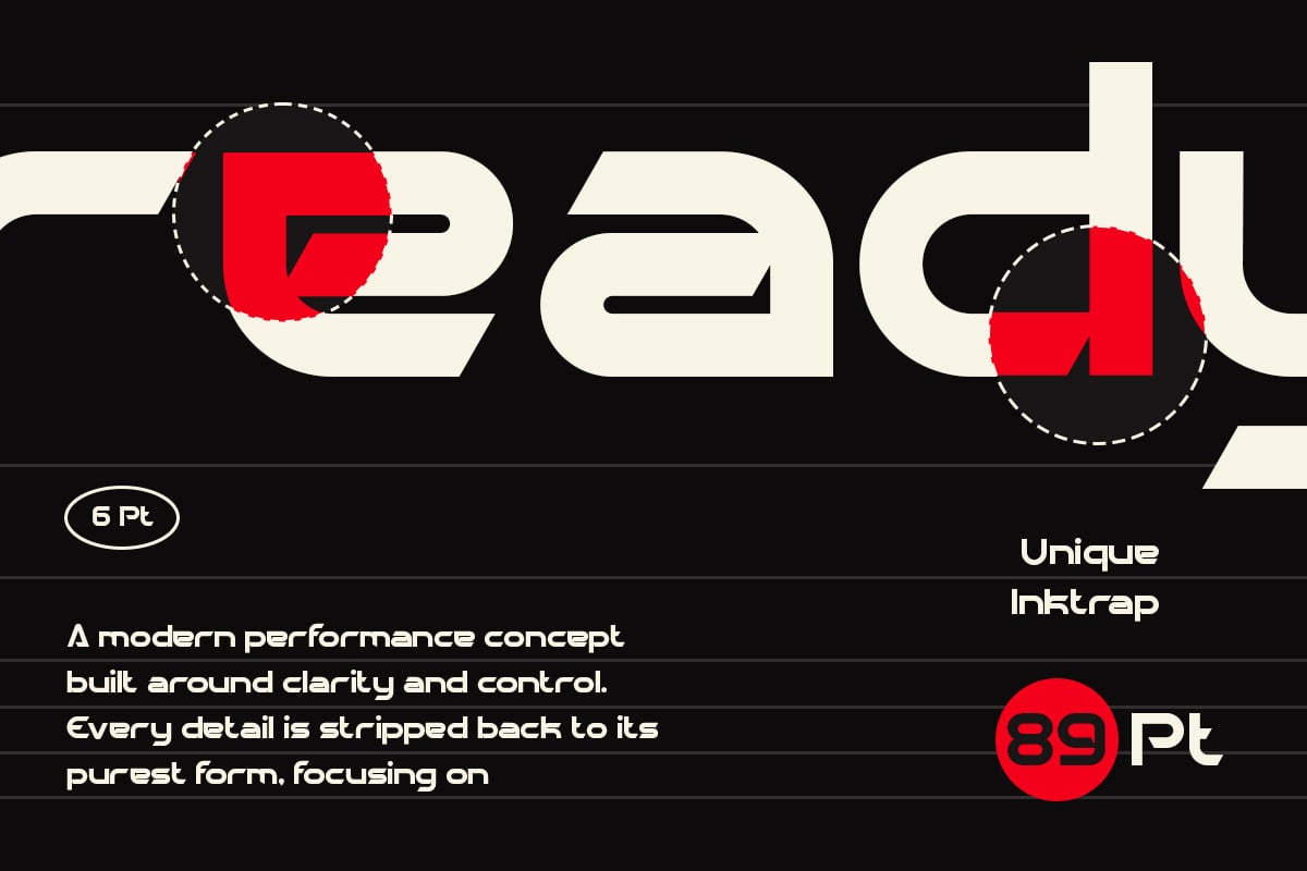Bold geometric typeface with cream letters, red accents, circular design elements on black background