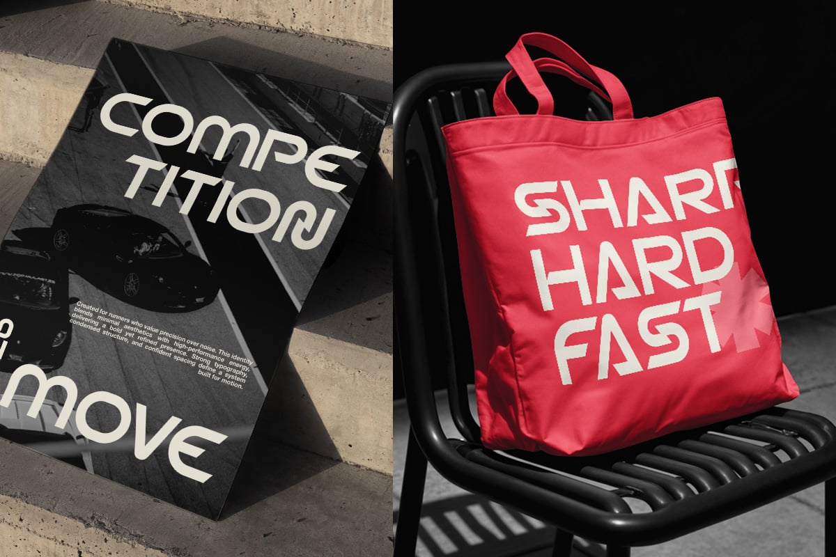 Tote bag mockup with bold typography on black fabric, red nylon version on chair