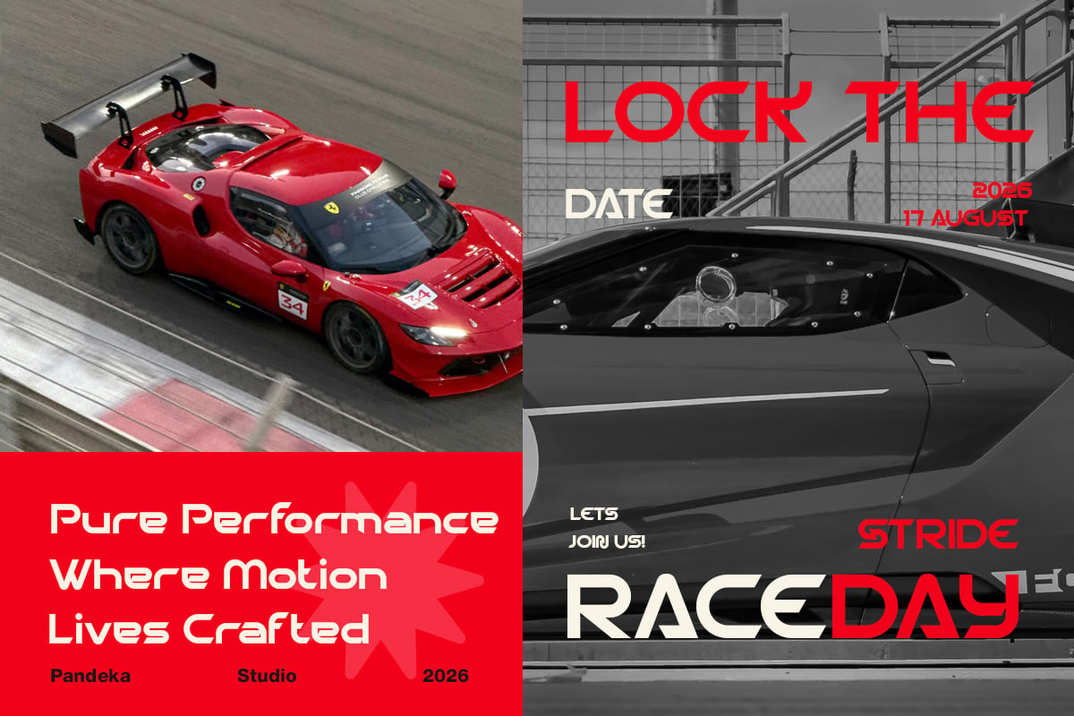 Split-screen racing event poster with red Ferrari on track left, dark car with "RACE DAY" text right