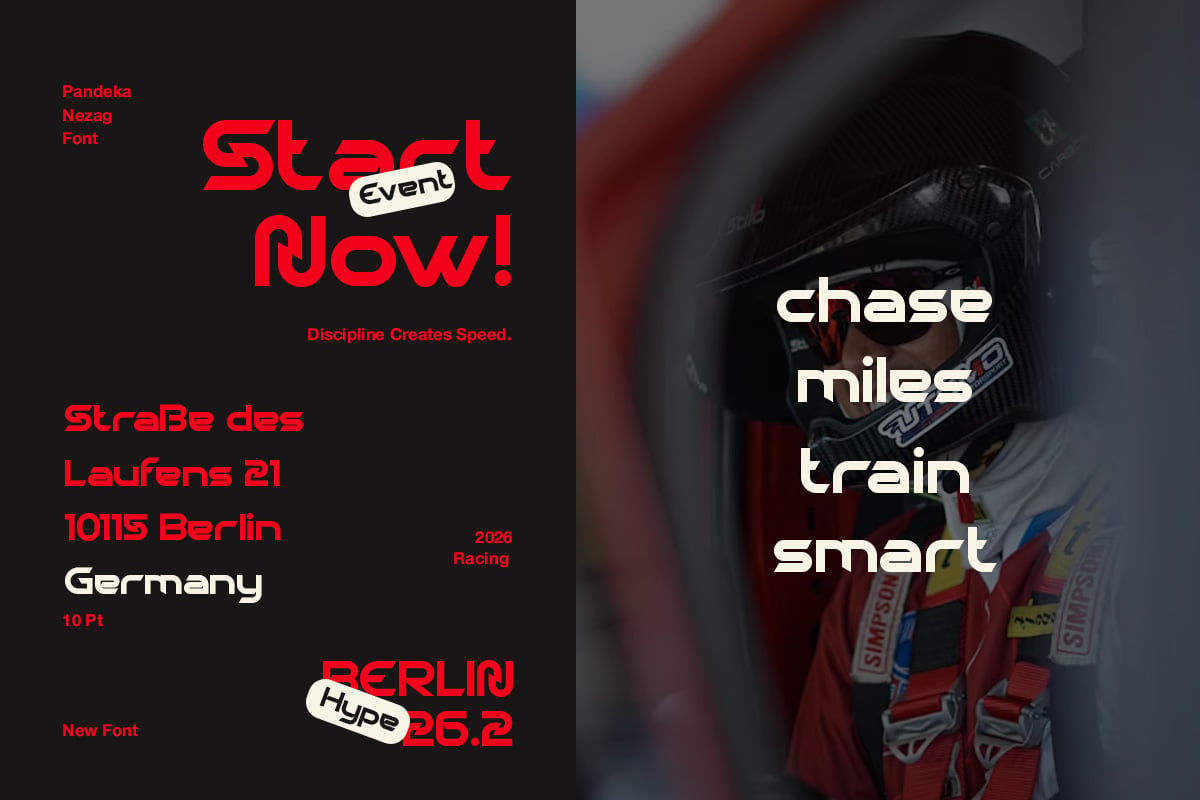 Bold red typeface on dark background with racing event details overlaid on cyclist image