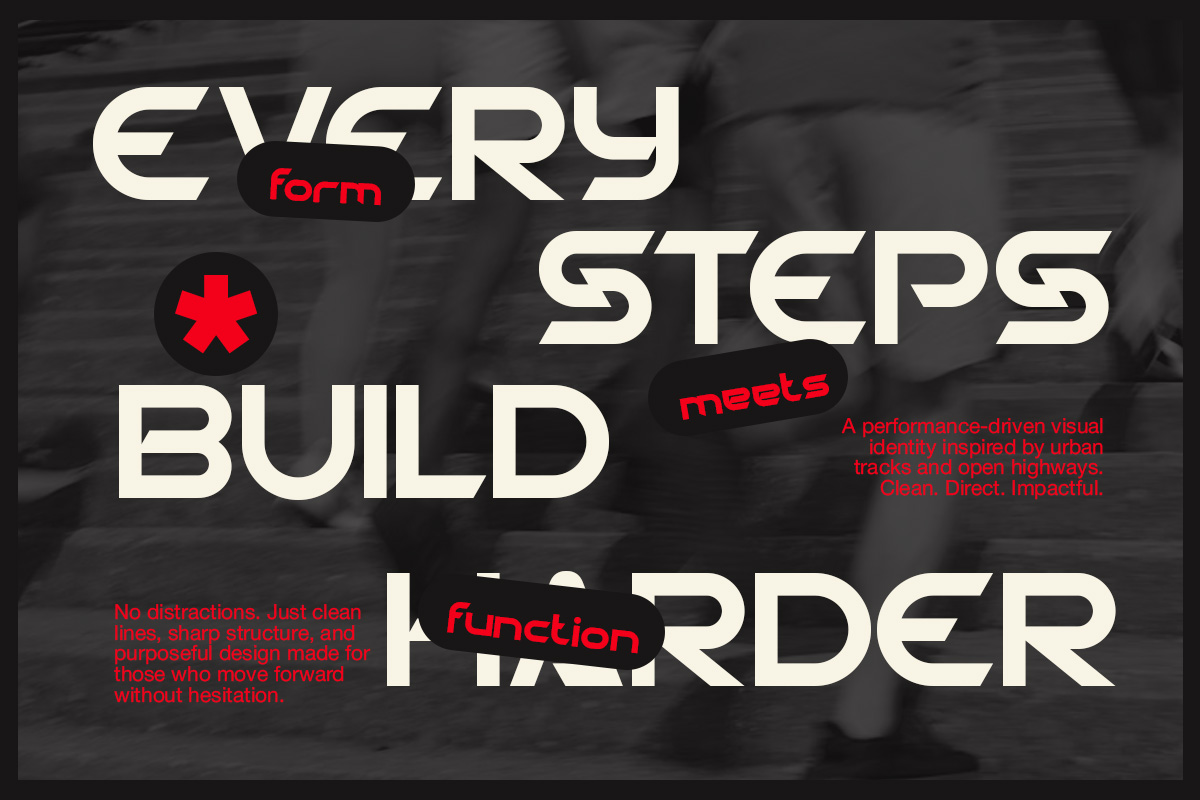 Bold sans serif typeface with cream letters, red accents, geometric shapes on dark textured background