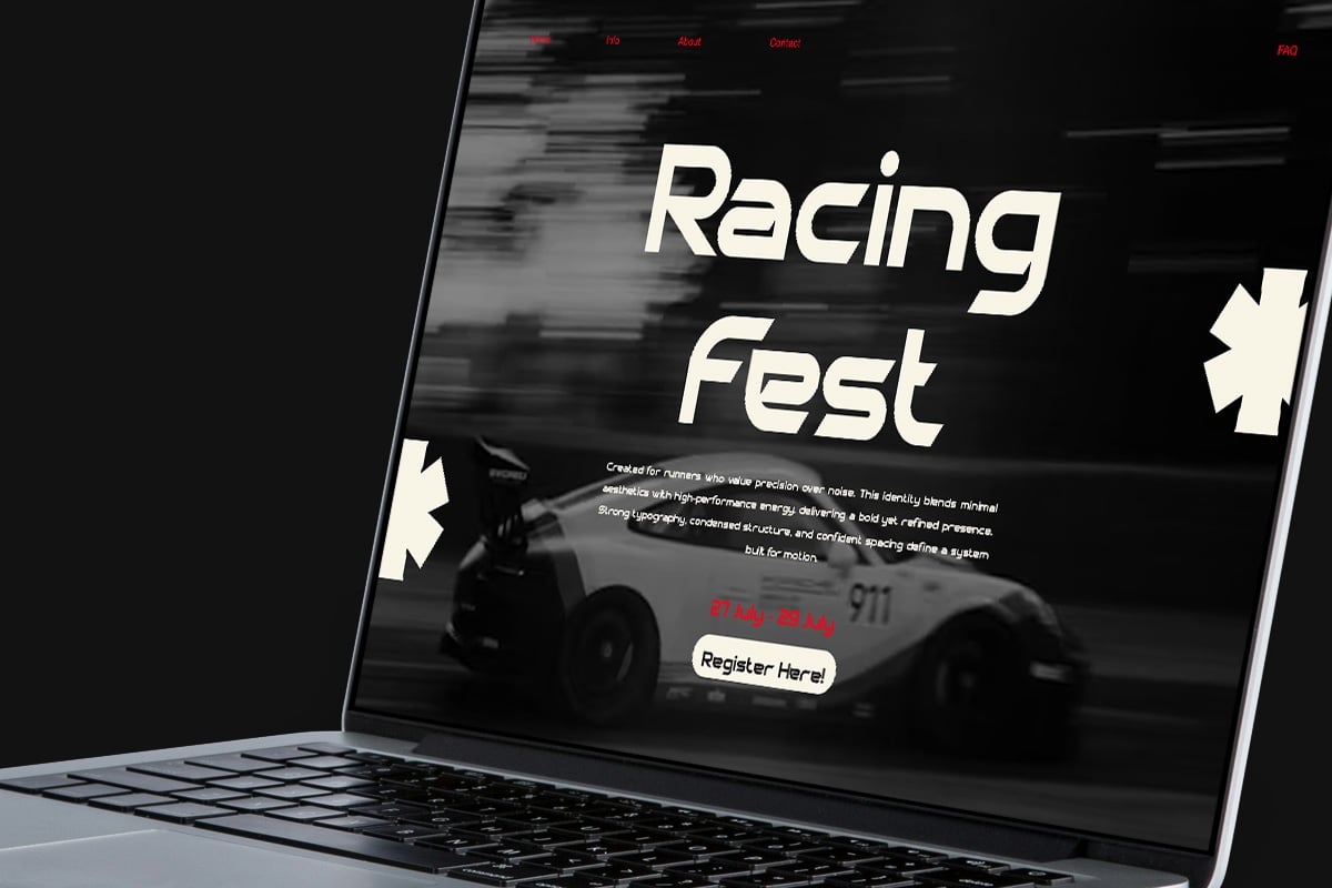 Laptop showing Racing Fest event landing page with bold white typography, red accents, motion blur effects, racing car background