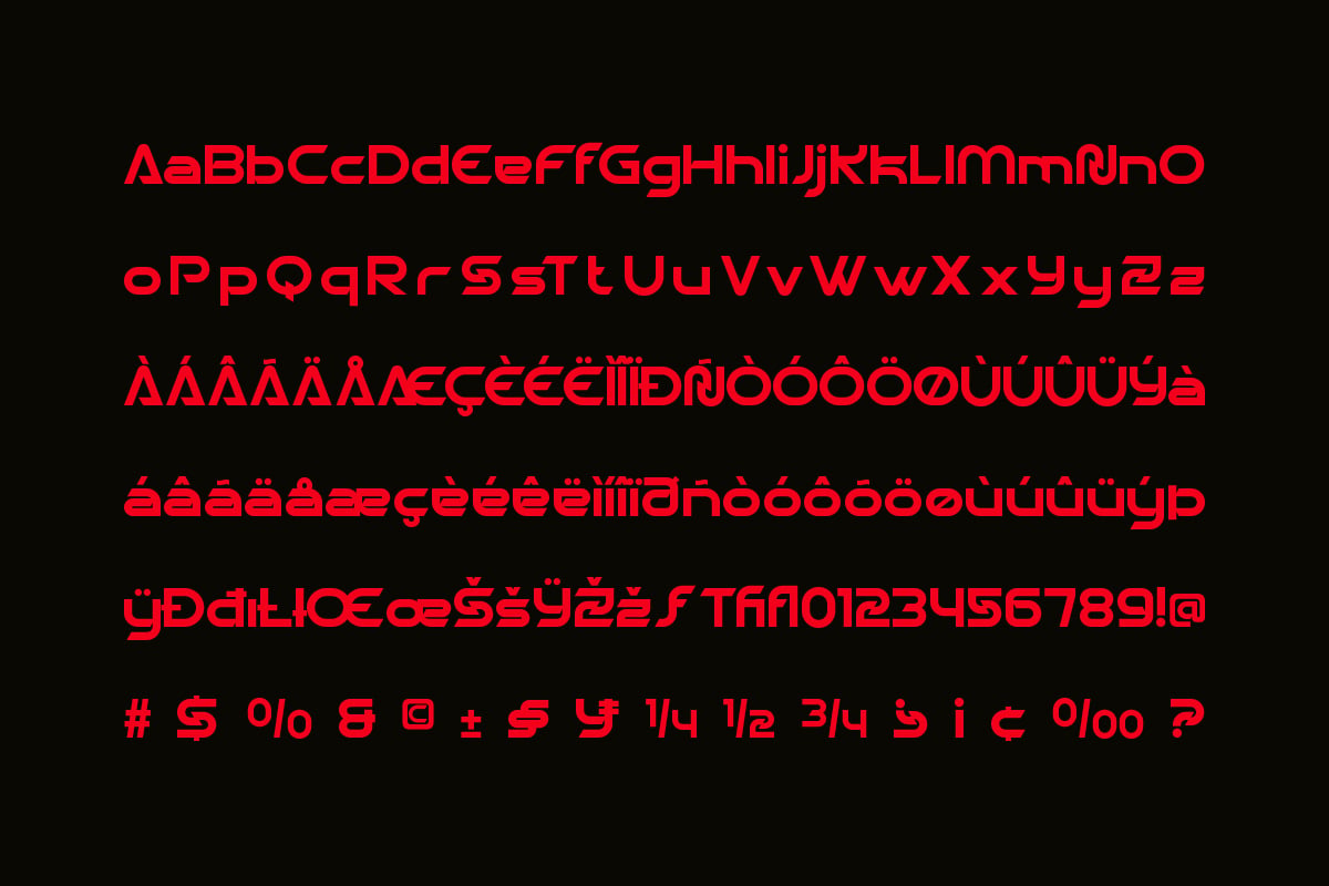 Bright red sans-serif typeface with extended character set showing accents, symbols, numbers on black background