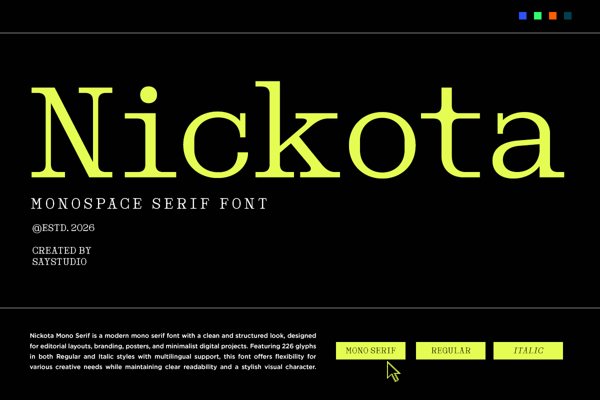 Nickota Mono Serif font display with neon yellow letters on black background