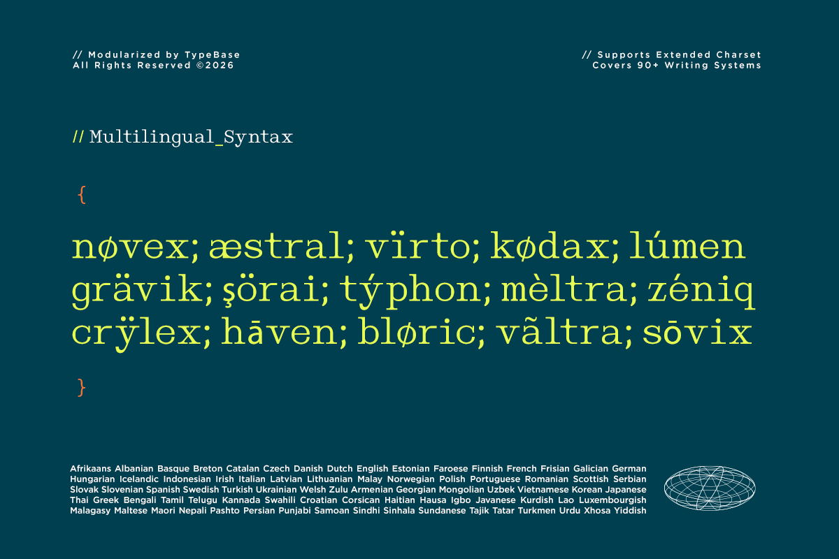Multilingual_Syntax font displaying yellow text with diacritics on teal background showing language support