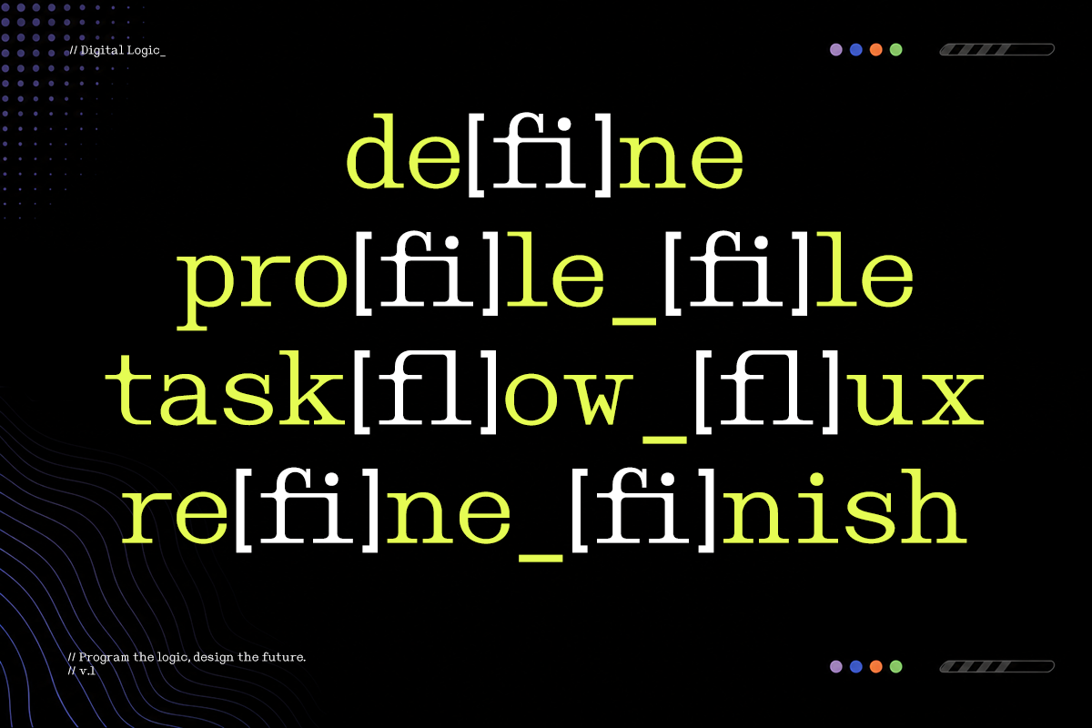 Neon yellow code text on black with tech wireframe details, retro futuristic vibe