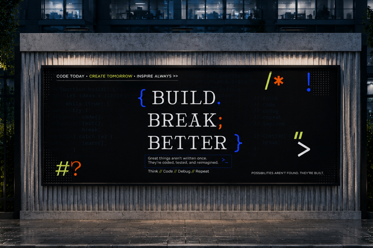 Modern billboard mockup with dev-themed messaging on dark screen, neon accents
