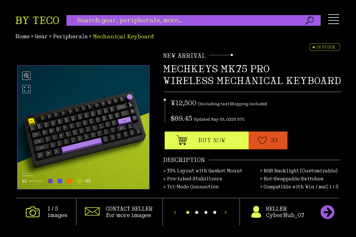 Mechkeys MK75 Pro wireless mechanical keyboard with purple, yellow, black keys on teal lime background