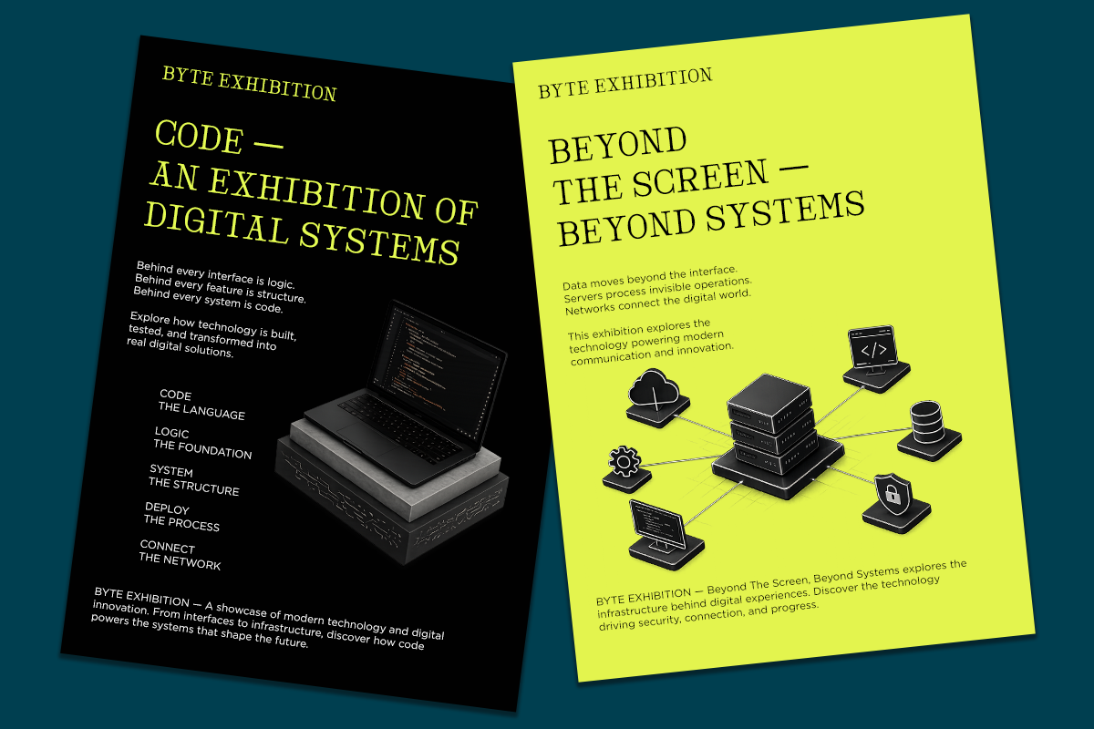 Two exhibition posters in neon yellow plus black showing tech systems with connected server illustrations