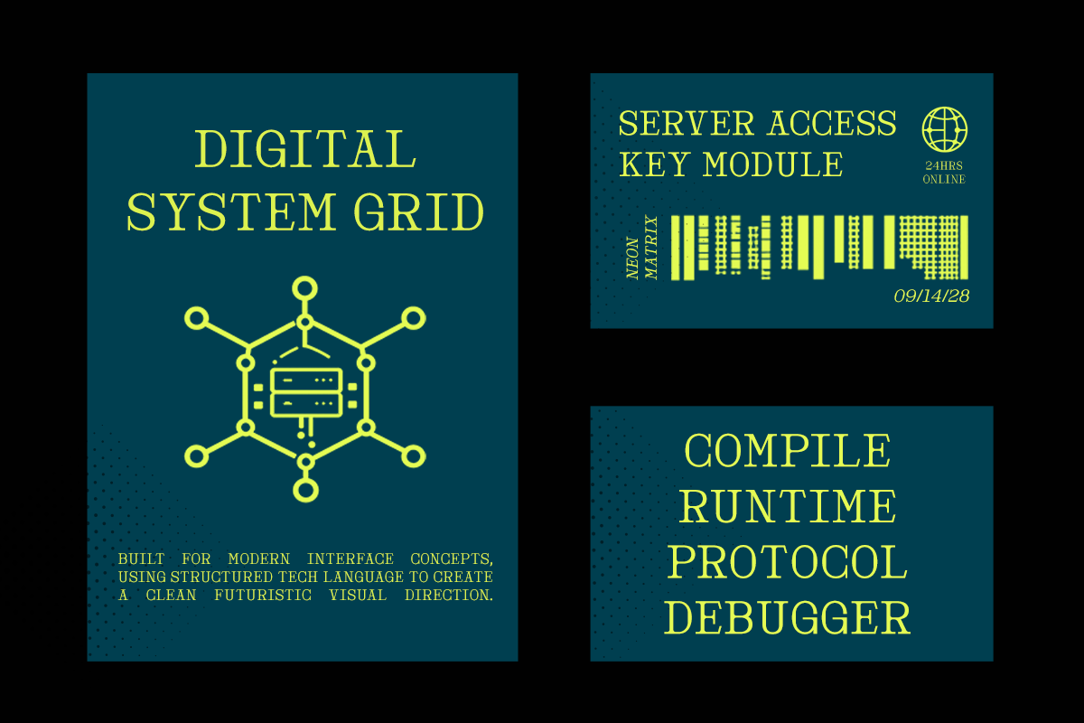 Retro sci-fi poster set with neon yellow text on teal backgrounds, circuit board vibes