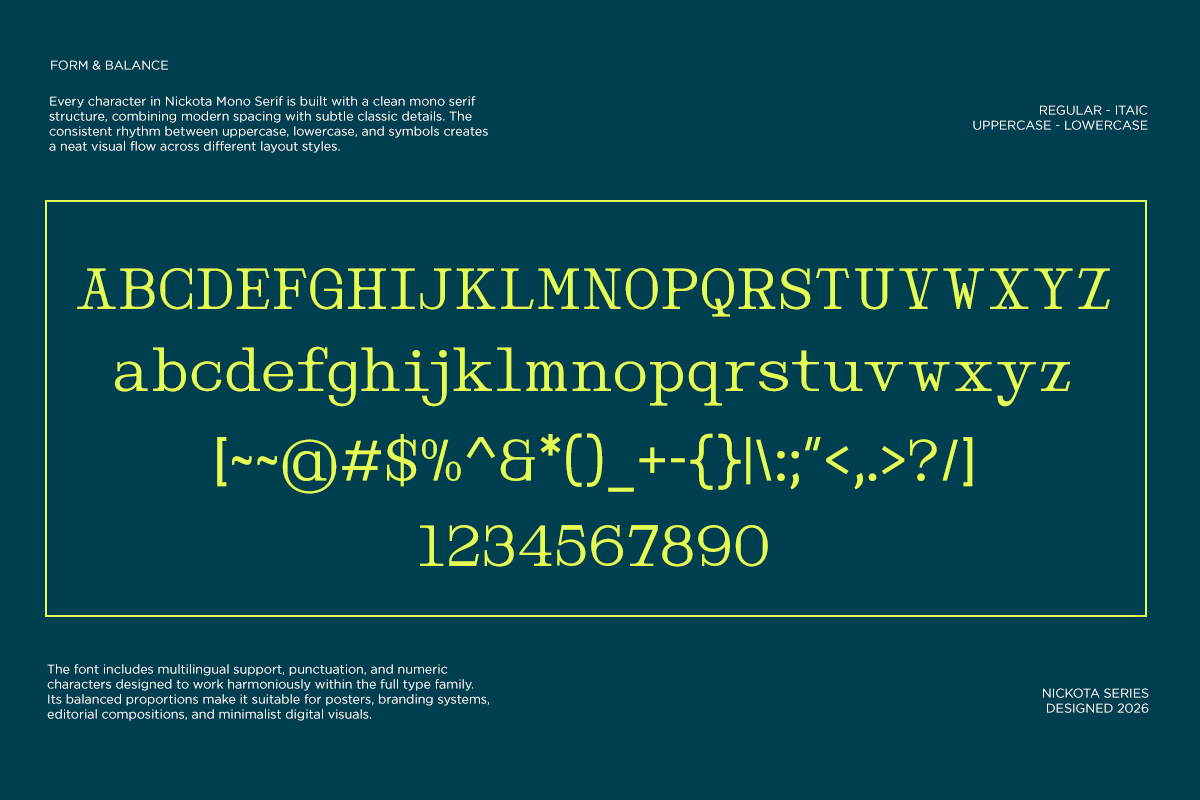 Nickota Mono Serif font showing full character set with uppercase, lowercase, symbols, numbers on teal background