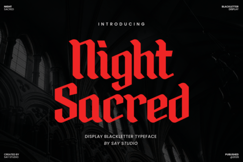 Night Sacred typeface specimen showing bold red display letters on dark gothic architecture background