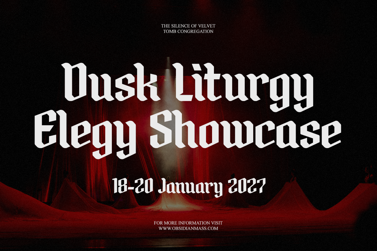Dark event poster with bold serif typography on moody red velvet backdrop, January 2027