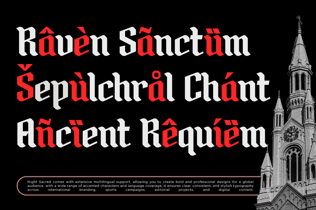 Gothic font with red accents on black, ornate church spire illustration on right side